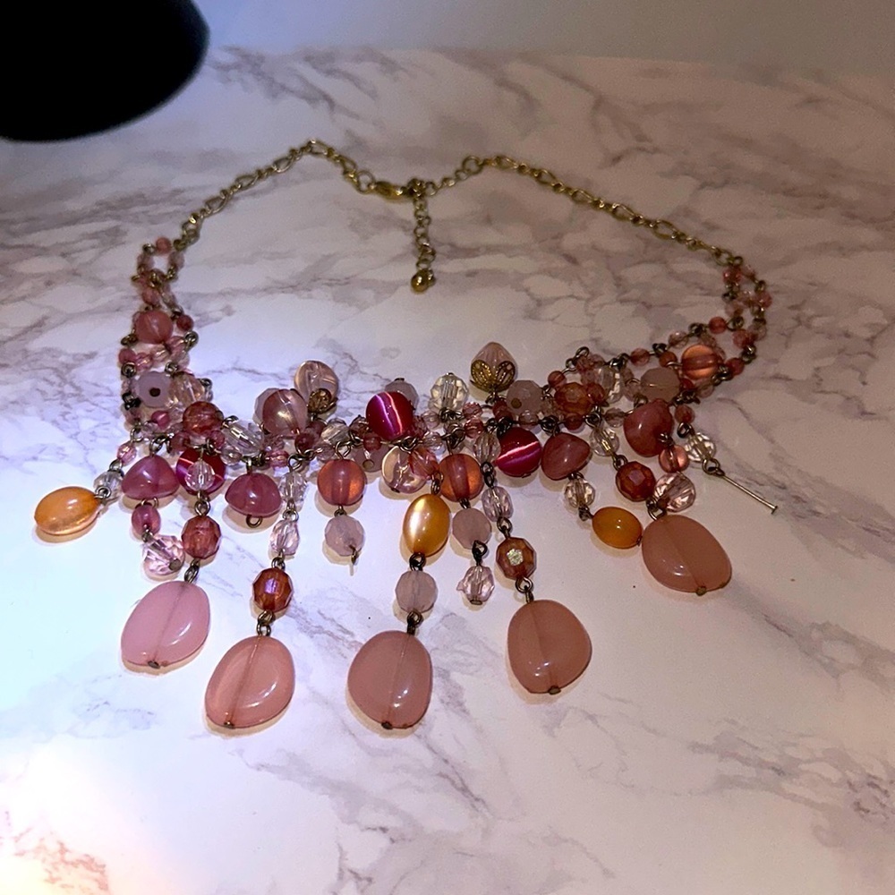 Vintage Beaded Necklace Pink/ Silver - missing 2 stones